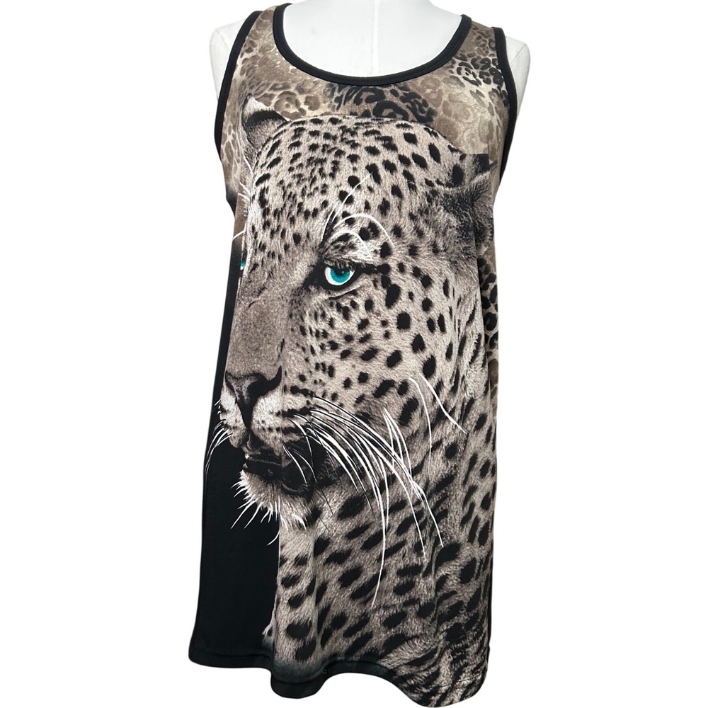 Y2K Leopard Graphic‎ Long Tank Top Longline Tunic Black Brown Layering Boho Bold
